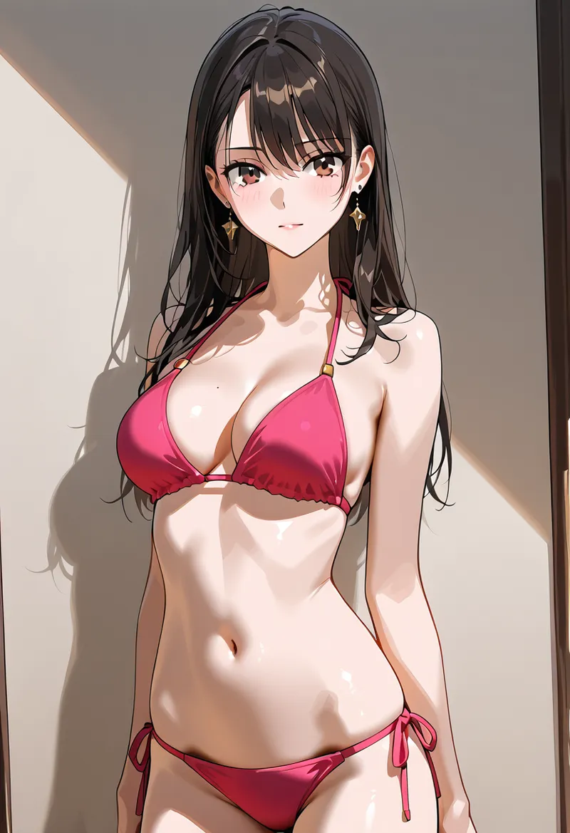 黒髪ロングにゴールドのピアスを施した美少女が、温かみのある室内で佇む。アニメ調の繊細な表情と、光と影が美しく描かれた肌の質感が特徴的なイラスト作品です。