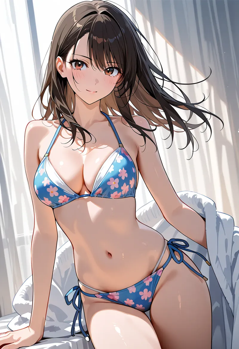 青地に花柄が入った水着を着た長髪の少女が、白いシーツと自然光の中でくつろぐ様子を描いたアートポートレートです。柔らかい表情と優雅な構図が特徴です。