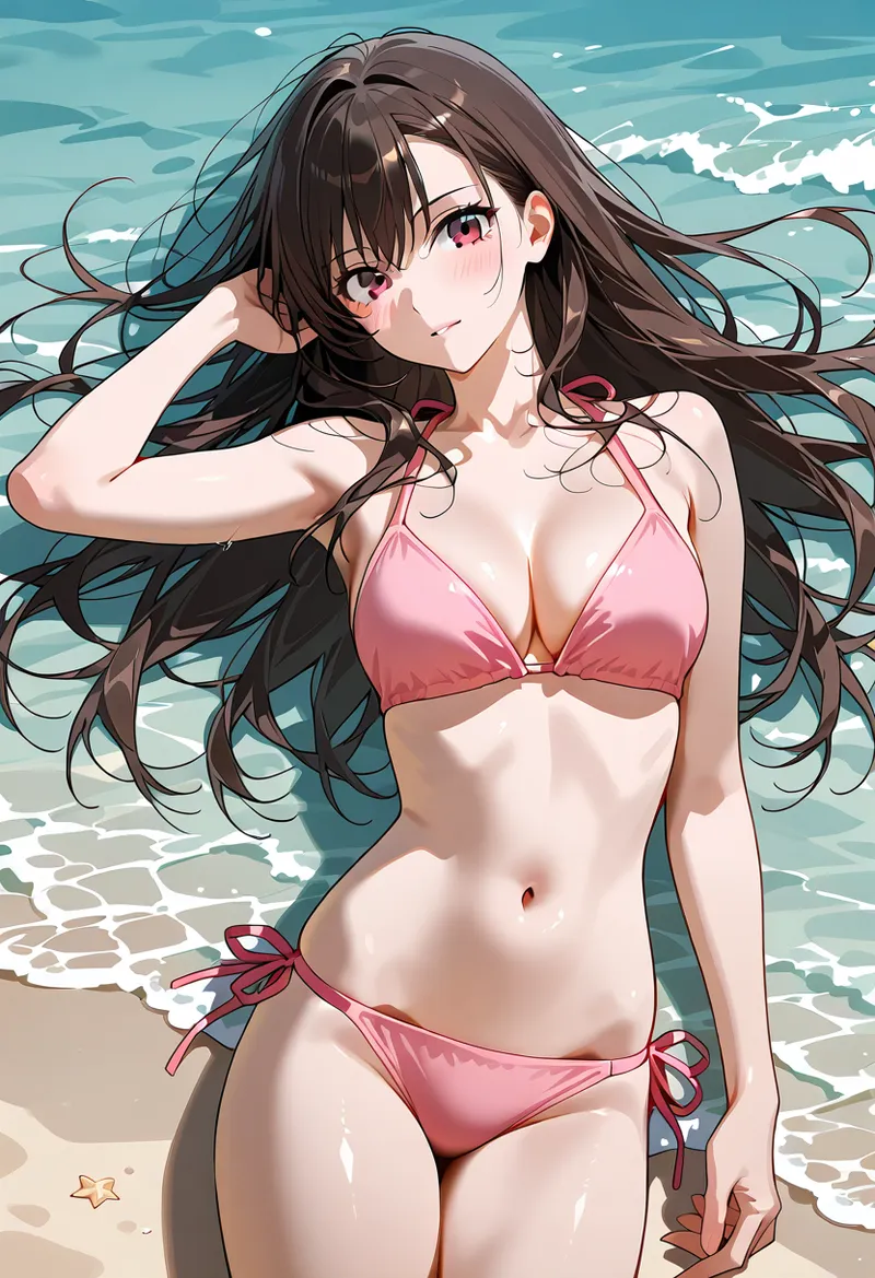 青い海を背景に、ピンクの水着姿で髪をなびかせる長髪の美少女が涼しげな表情で佇んでいます。爽やかな夏の海辺の雰囲気を表現したアニメ調のポートレート作品です。