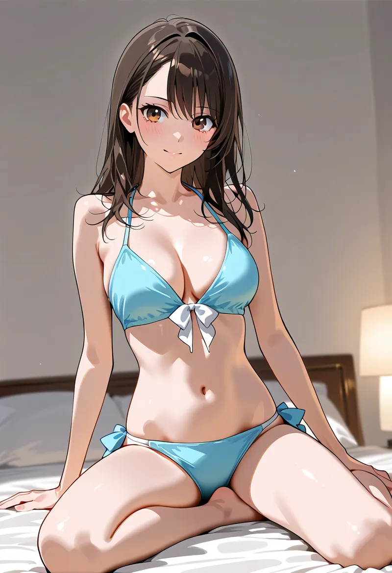 黒い長髪とアンバーオレンジの瞳を持つ美少女が、青いビキニ水着でベッドに座ったグラビア風ポートレート。柔らかな室内光とニュアンスのある肌の質感が特徴的なアニメ調イラストです。