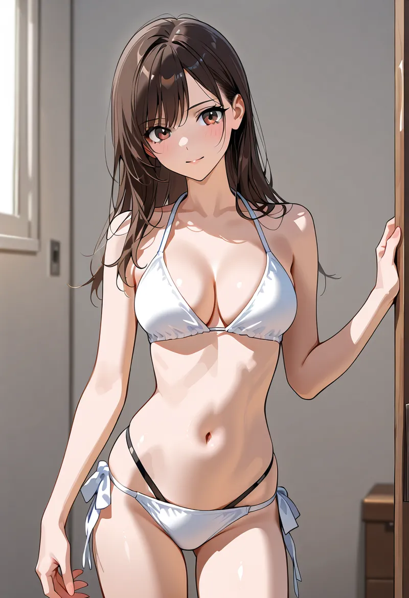 薄グレーの室内背景の中、白と黒のランジェリアを身にまとった美少女が、静かな視線でカメラを見つめます。自然な肌の質感と光の表現が印象的なアニメ調イラストです。