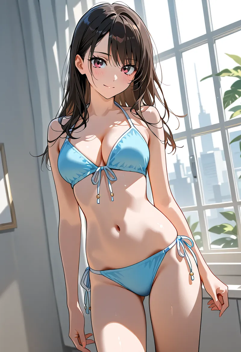 大きな窓から光が差し込む室内で、青いビキニを身に着けた黒髪の美少女が佇むアニメ調イラスト。柔らかな自然光と都市風景が背景に広がり、洗練された描写で魅力的なファッションポートレートを表現しています。
