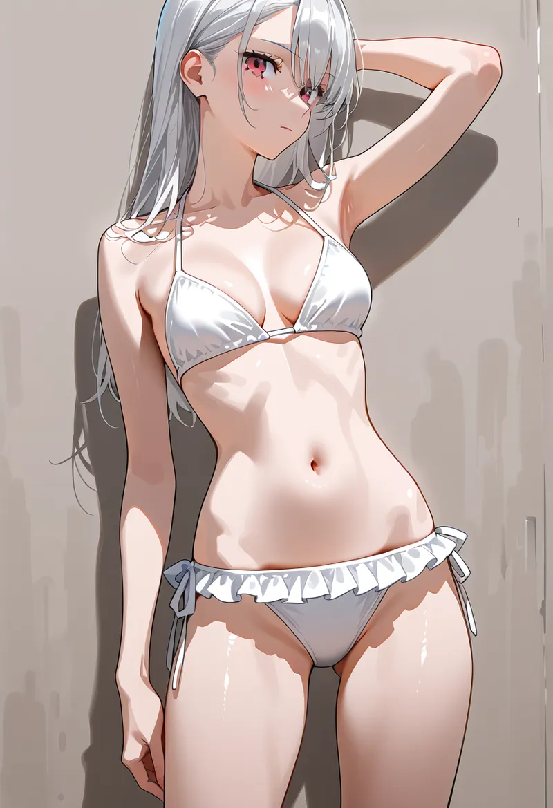 銀色に輝く長髪を優雅に流した少女が、白いランジェリーを身につけたセクシーなポートレートイラストです。柔らかな肌色と陰影で立体感を表現したアニメ調のAI生成作品です。