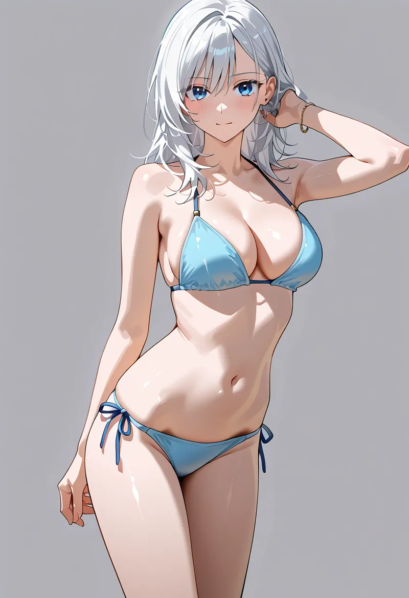 銀髪が印象的な美少女が、青系の水着姿で落ち着いた背景の前に立っています。澄んだ瞳と優雅な仕草が魅力的なアニメ調イラストです。
