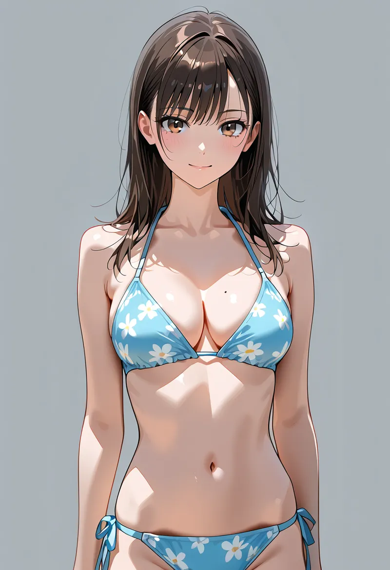 白い花柄が入った爽やかな青のビキニを着た美少女のポートレートイラストです。黒髪のロングヘアと優しい表情が印象的で、グレー背景に映える清潔感のあるイラスト表現となっています。