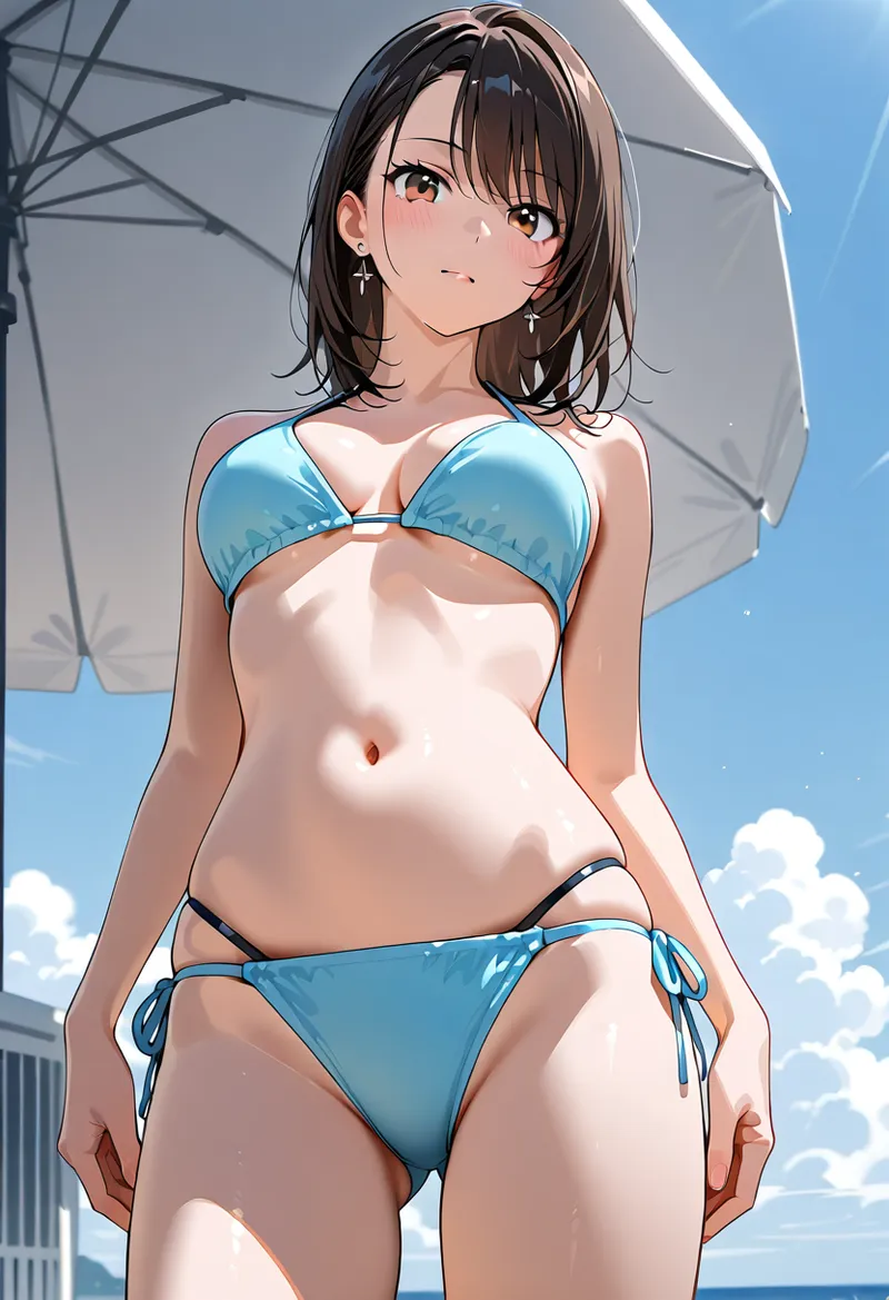 晴れた空と白い雲を背景に、青いビキニ姿で佇む美少女のイラストです。黒髪ミディアムヘアと柔らかな表情、傘を持つ夏らしい構図が魅力的に描かれています。