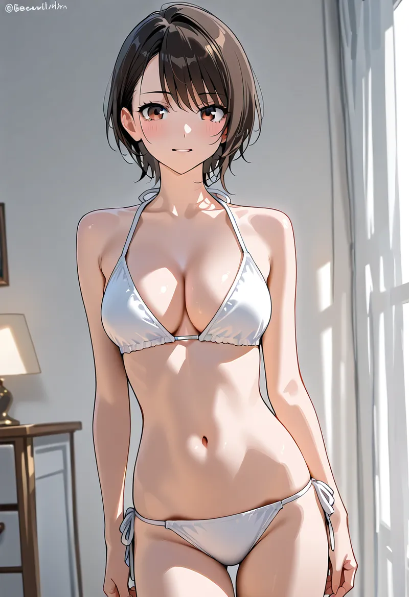 柔らかい自然光が差し込む室内で、白いビキニを着た黒髪ショートのキャラクターが優しく微笑むアニメ調イラスト。明るい表情と爽やかな夏の雰囲気が印象的です。