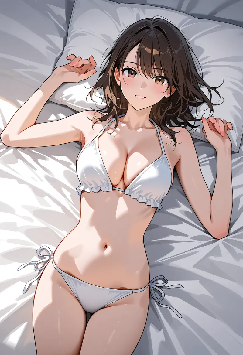 黒髪をふんわりと靡かせた女性が、白いビキニ姿でベッドの上に寛ぐ様子を描いたアニメ調イラストです。柔らかな光と影が醸し出す上品な雰囲気が特徴的な作品です。