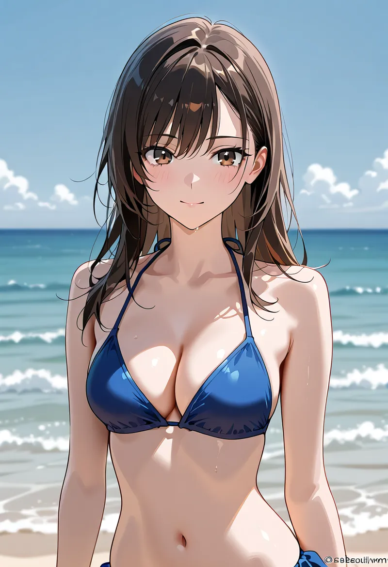 澄み渡った海辺で青いビキニ水着を身につけた美少女が、優しい笑顔で佇んでいます。ブラウンの長髪が風になびき、背景には波立つ海と雲がかかる青空が広がった夏らしい一枚です。