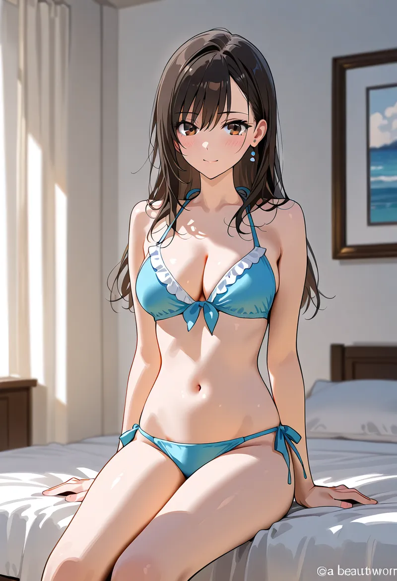 光が差し込む明るい寝室で、青いビキニを着た長黒髪の美少女がカメラに微笑みかけています。清潔感のある色調と自然な表情が印象的なアニメ調イラストです。