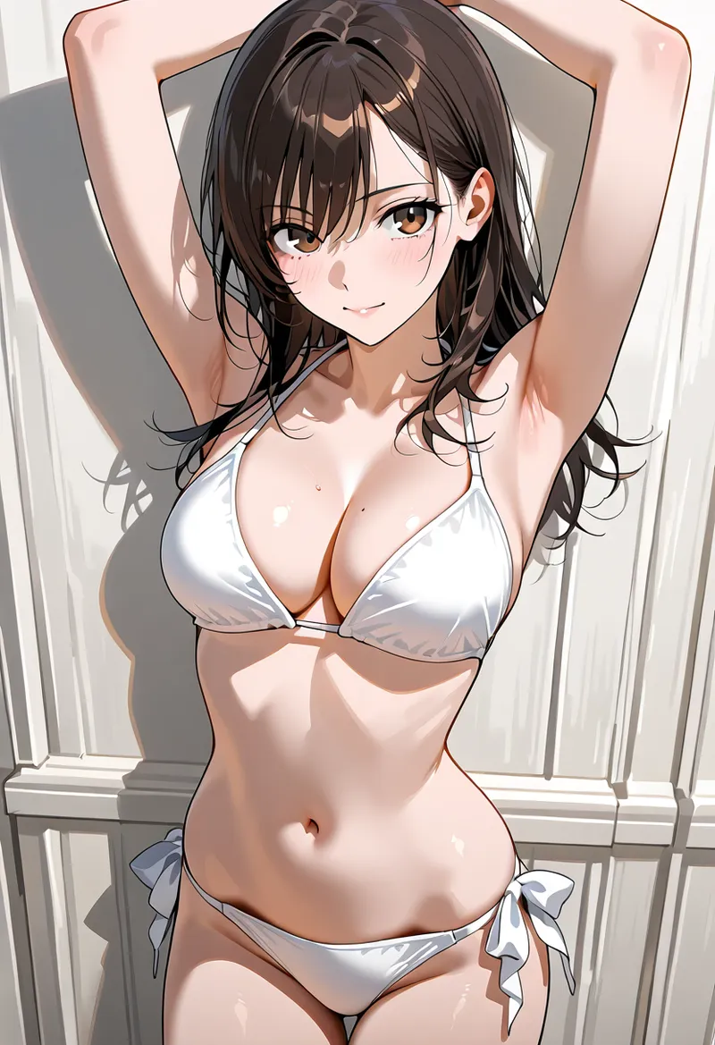 黒髪のセミロングヘアにオレンジ色の瞳が特徴的な美少女が、明るい窓辺で優雅なポーズを取るアニメ調イラストです。白を基調とした衣装と柔らかな光の表現が、洗練された雰囲気を演出しています。