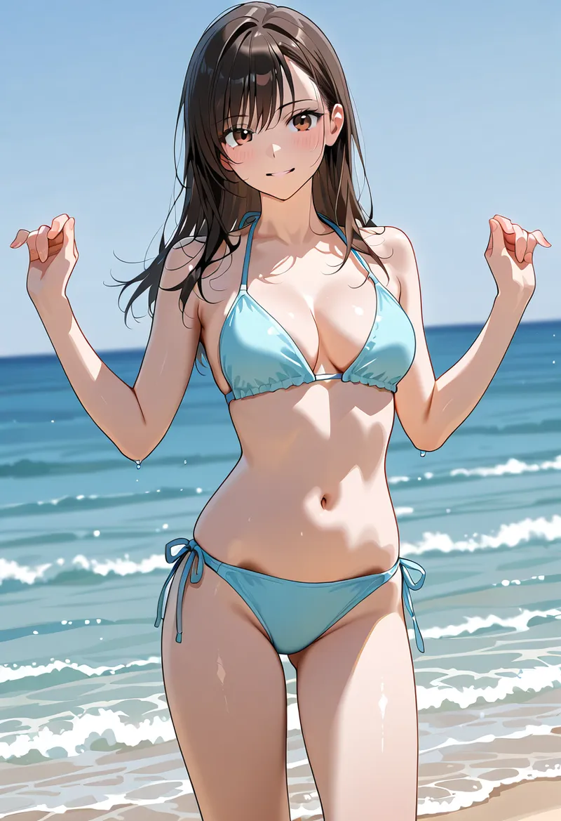 青い空と波打つ海を背景に、黒髪の美少女がビキニ姿で立つアニメ調イラストです。爽やかな夏の雰囲気と、透き通った海の青さが印象的な作品。