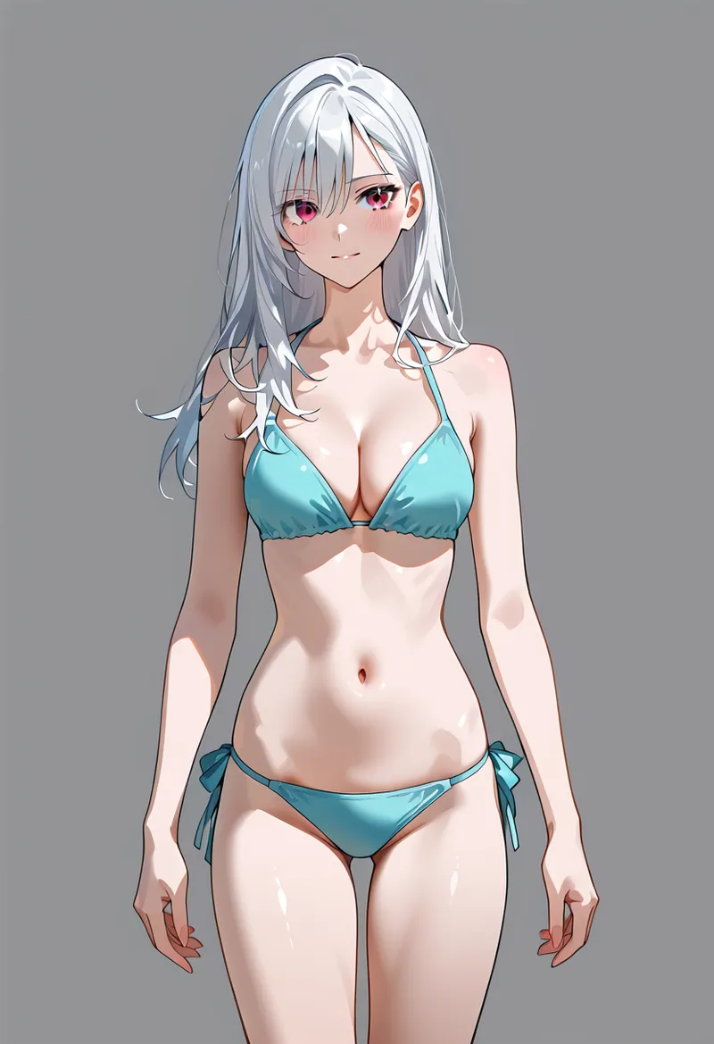 清涼感あふれる水色のビキニを身に纏った銀髪の美少女が、ニュートラルな背景の前で静かに立つアニメ調イラストです。ピンク色の瞳が印象的で、夏らしい爽やかな雰囲気が漂っています。