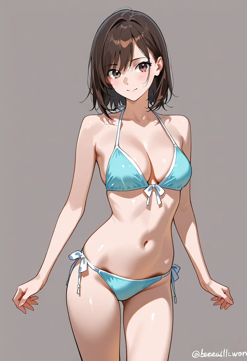 透明感のある肌と黒髪ショートが魅力的な美少女が、水色のビキニ姿でスタイリッシュに佇むアニメ調イラストです。グラデーション背景で引き立つ、洗練されたグラビアポーズのポートレート表現となっています。