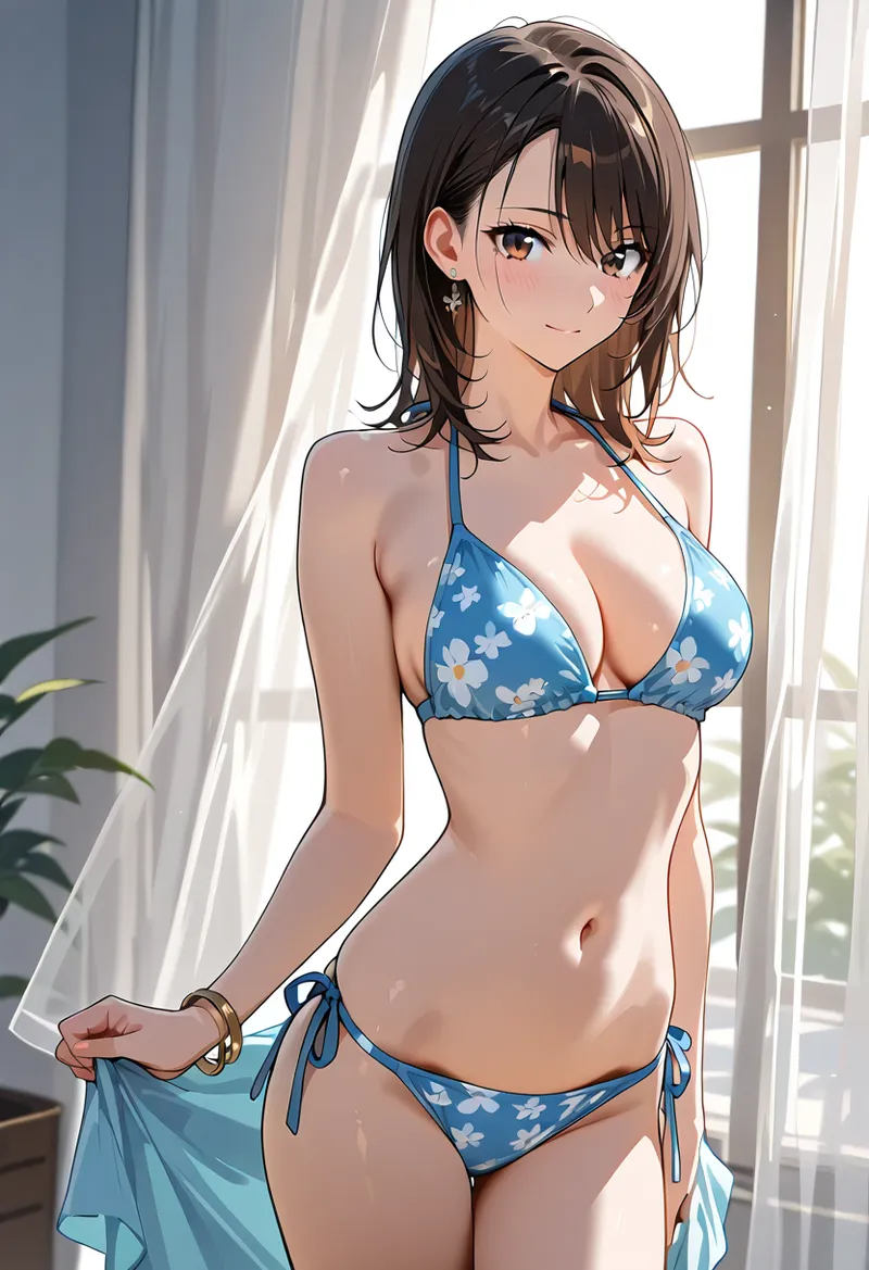 明るい窓からの自然光が心地よく差し込む室内で、青い花柄水着を身につけた黒髪の美少女がポートレート風に佇むアニメ調イラストです。柔らかな光と影の表現が上品な雰囲気を演出しています。