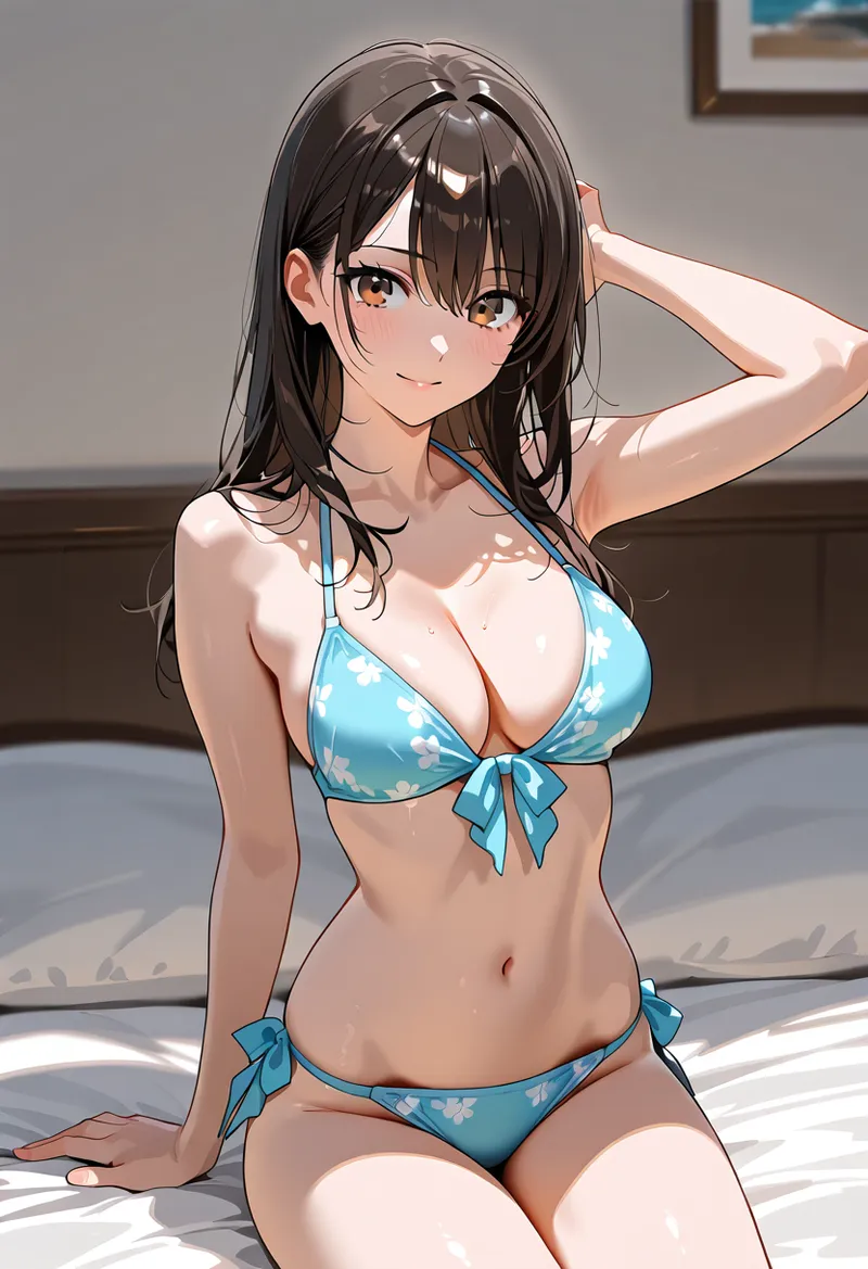 黒髪をかき上げた柔らかな表情が魅力的な美少女イラスト。青い花柄のビキニを身に纏い、室内の光と影が心地よく映る構図で、アニメ調の洗練された色彩が特徴です。