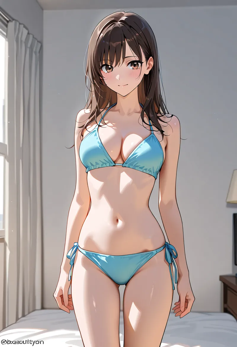 明るい室内で爽やかな青いビキニを着た黒髪の美少女が、柔らかな陽光に包まれた姿を描いたアニメ調イラストです。優しい表情と洗練された描写が特徴です。