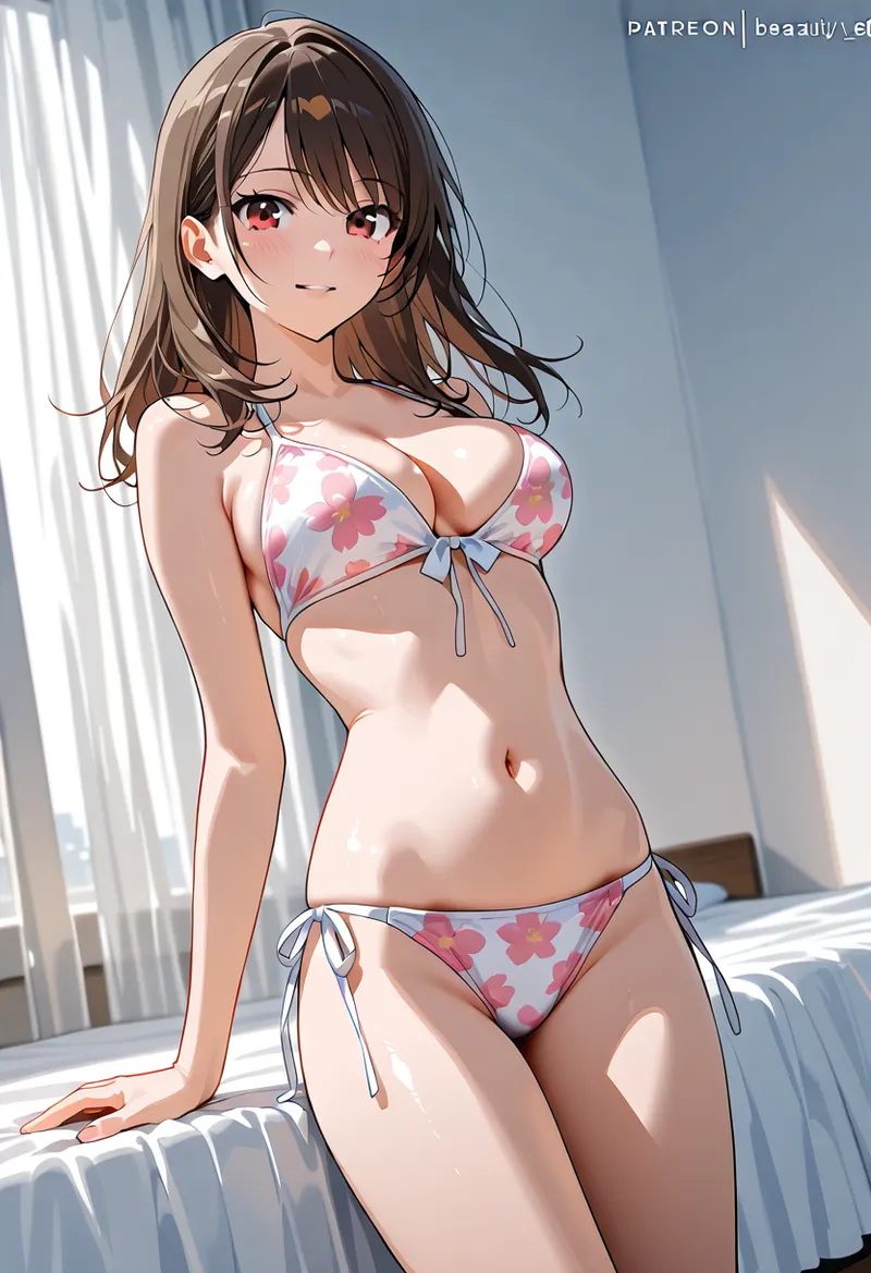 花柄模様のビキニを身に纏い、光差す室内で柔らかな笑顔を浮かべた美少女のアニメ調イラストです。ロングの黒髪と赤い瞳が印象的で、逆光の中でスタイリッシュに佇む姿が特徴です。
