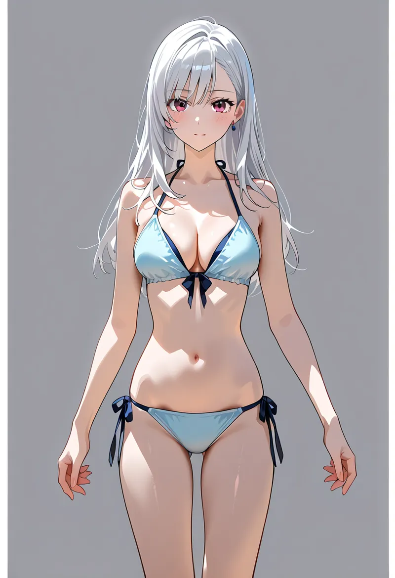 銀色に輝く長い髪と赤紫の瞳が印象的な美少女が、ライトブルーの水着姿で爽やかに佇むアニメ調イラストです。グレーの落ち着いた背景に映える清涼感のあるポートレート作品。