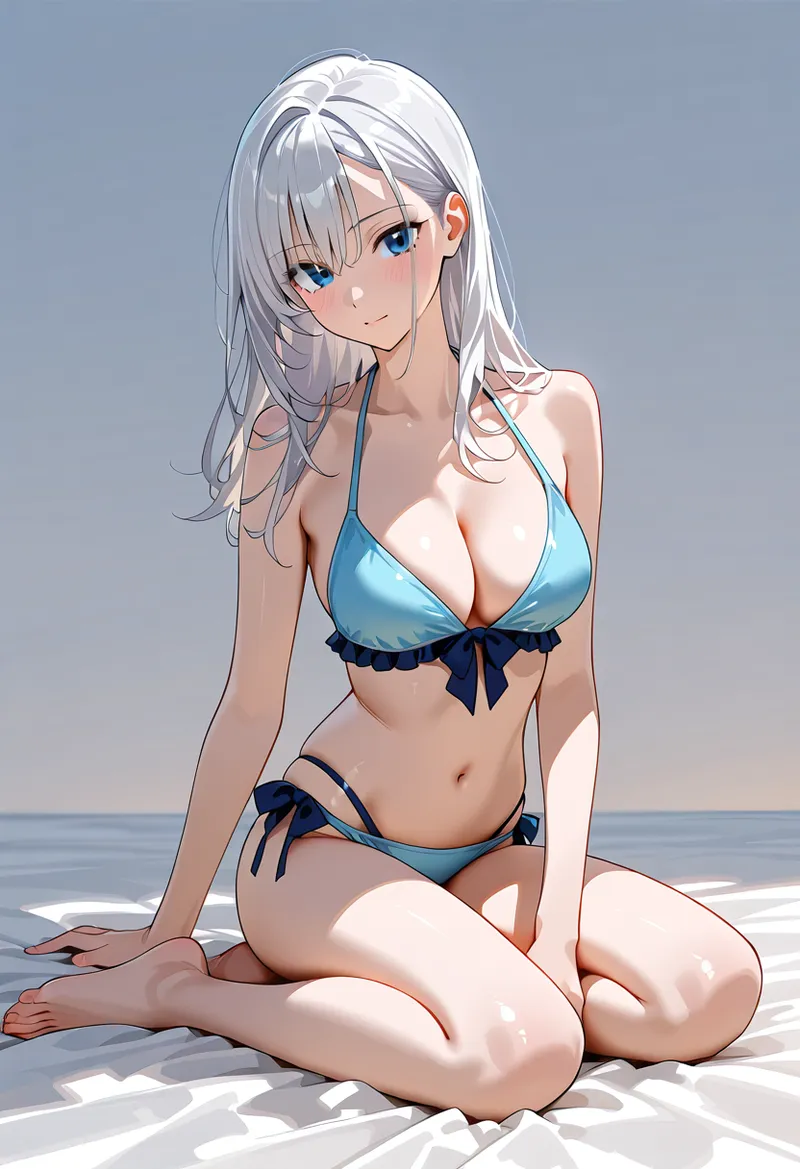 透き通るような青い瞳と流れるような白髪が印象的な、アニメ調の美少女イラストです。海辺で青とネイビーの配色のビキニ姿で、柔らかな表情を見せています。