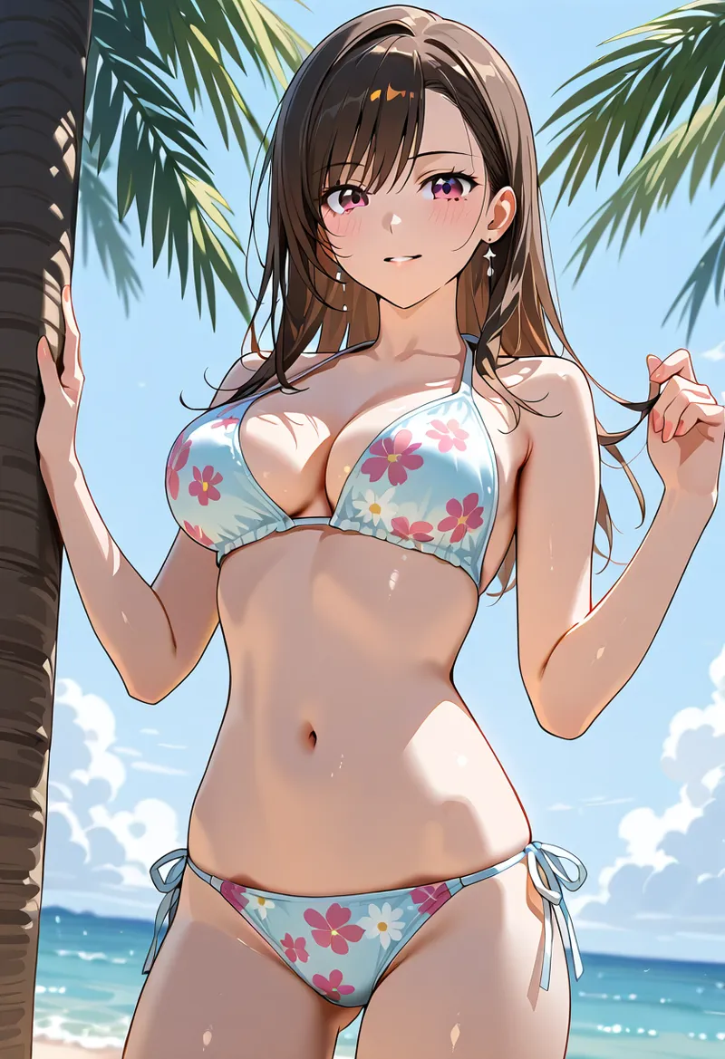 青い海とヤシの木に囲まれた南国のビーチで、花柄ビキニを身につけた少女が爽やかな笑顔を見せるアニメ調イラスト。晴れた空と波の音が聞こえてきそうな夏の風景です。
