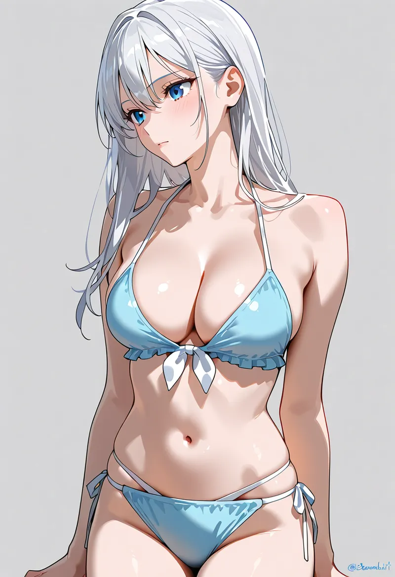 清潔感のある銀髪とサファイアブルーの瞳が印象的な、アニメ調の美少女イラストです。青いビキニスタイルで夏らしい雰囲気を演出し、柔らかな肌色と明るい背景が優雅な一枚に仕上がっています。