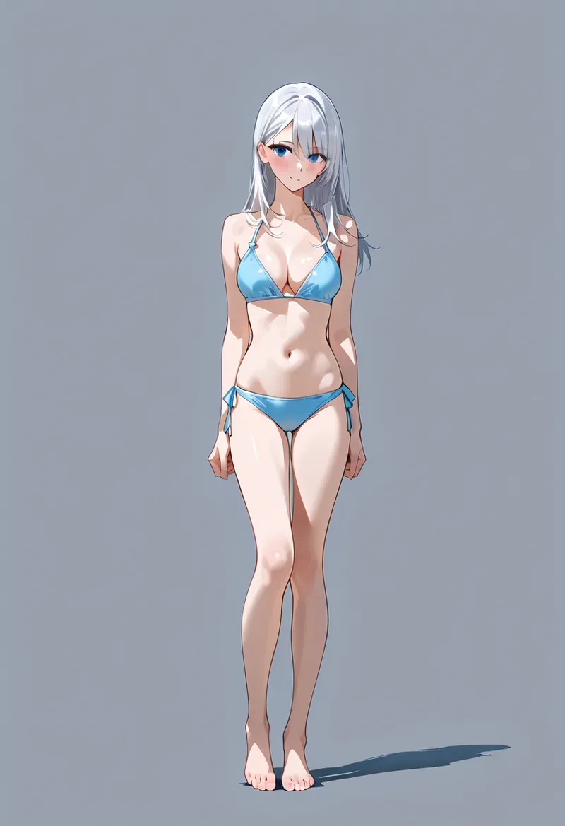 青いビキニ姿の銀髪の少女が、グレーの背景の前で静かに立つアニメ調のイラストです。洗練された描線と明るい色調で、夏の爽やかな雰囲気を表現しています。