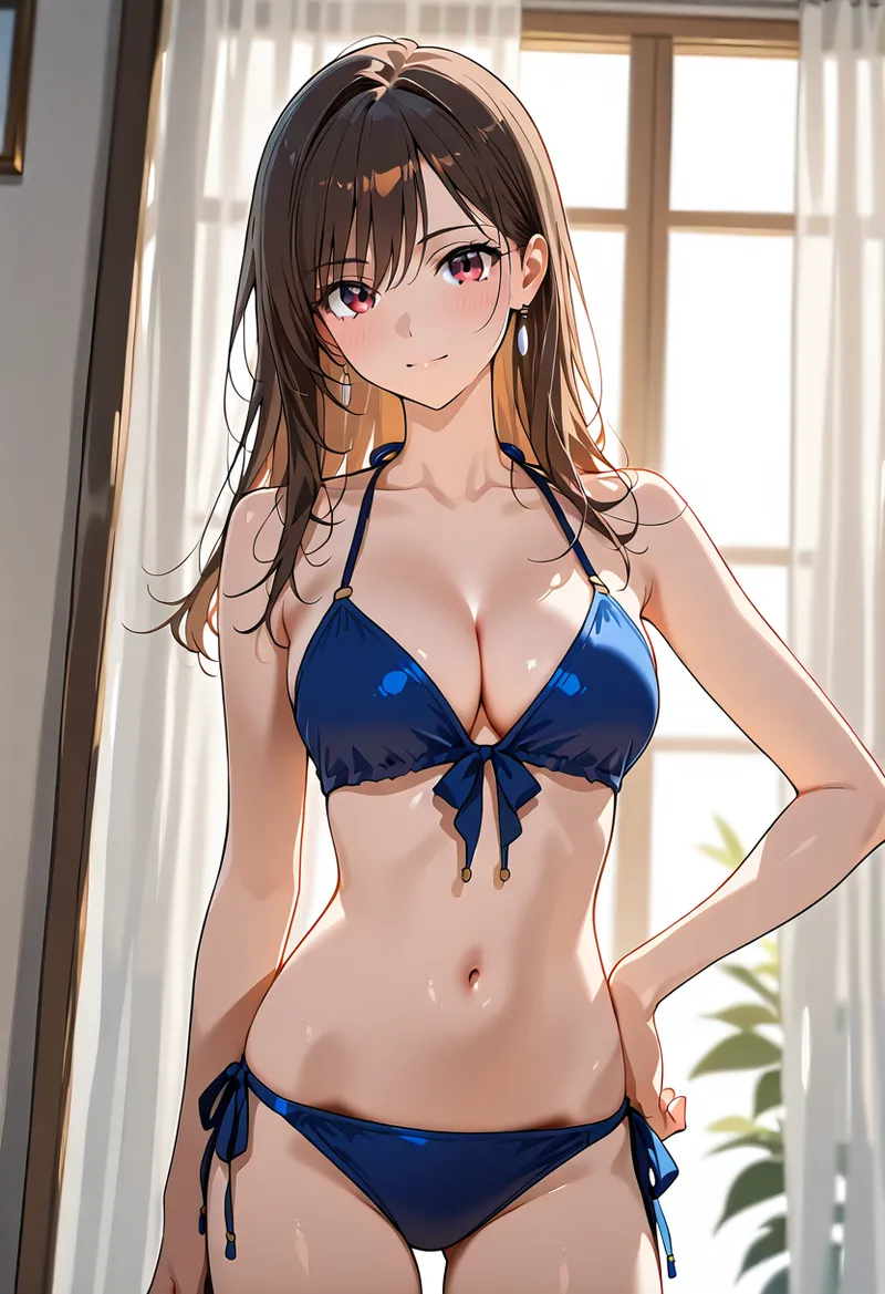 明るい窓光が差し込む室内で、深紺の装いを纏った美少女がうっすりと微笑む。長く流れる黒髪と透き通るような肌が、アニメ調の優美な画風で表現されたグラビアポートレート。
