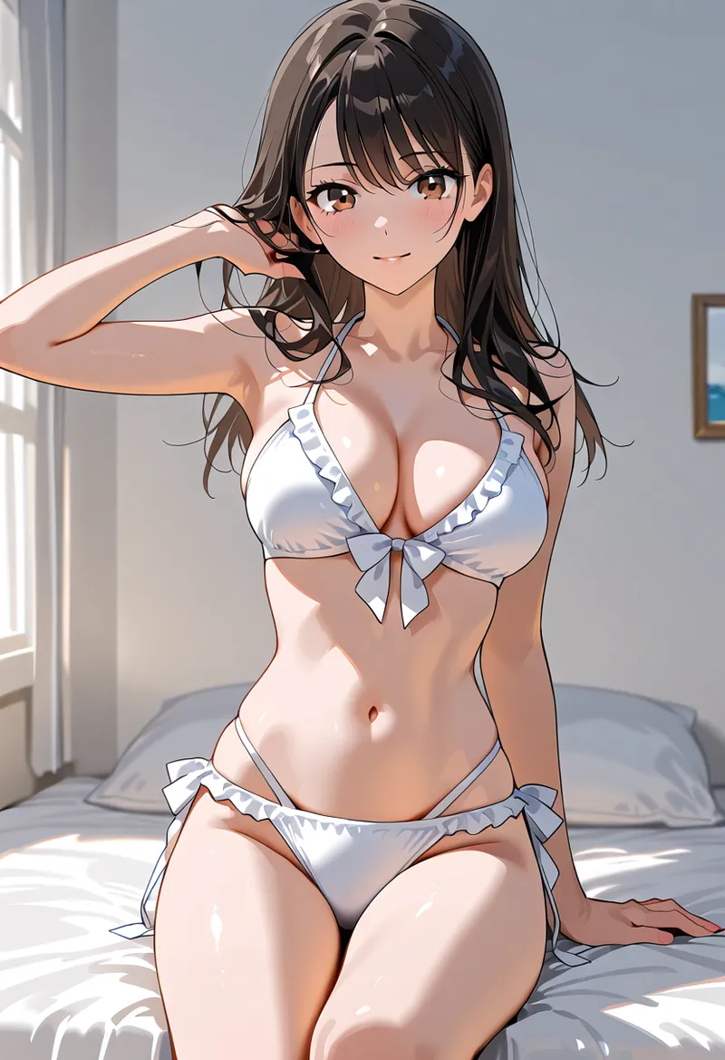 黒い髪と透明感のある瞳が特徴の美少女が、明るい寝室でリラックスした表情を見せるアート作品です。白いフリル付きランジェリーと自然光による柔らかい陰影が、優雅で洗練された雰囲気を演出しています。