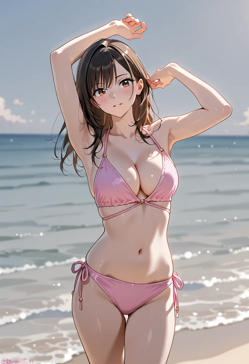 澄み渡った海を背景に、ピンク色のビキニを身に纏い、両腕を上げた余裕ある表情の美少女を描いたアニメ調ポートレート。夏の日差しを受けた肌と黒髪の対比が印象的です。
