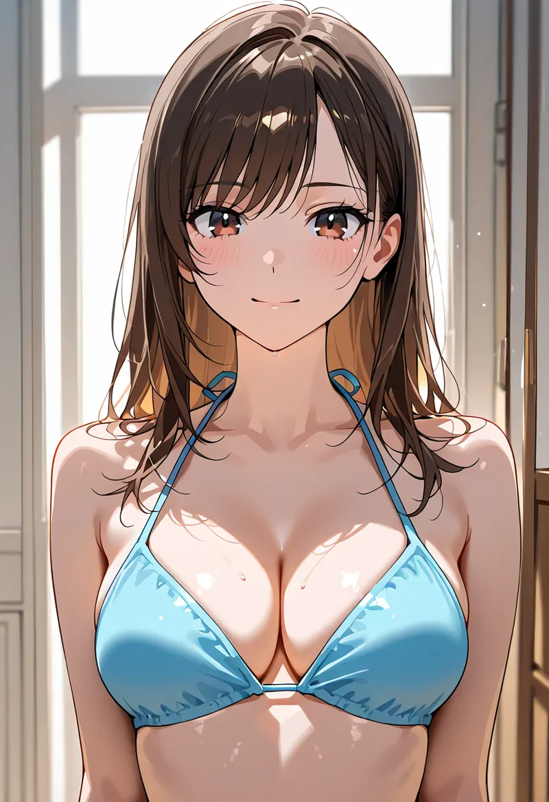 茶髪のミディアムヘアと柔らかい笑顔が特徴的なアニメ調イラストです。明るい窓光が差し込む室内で、爽やかな青色の衣装を身に纏った少女を描いた作品。