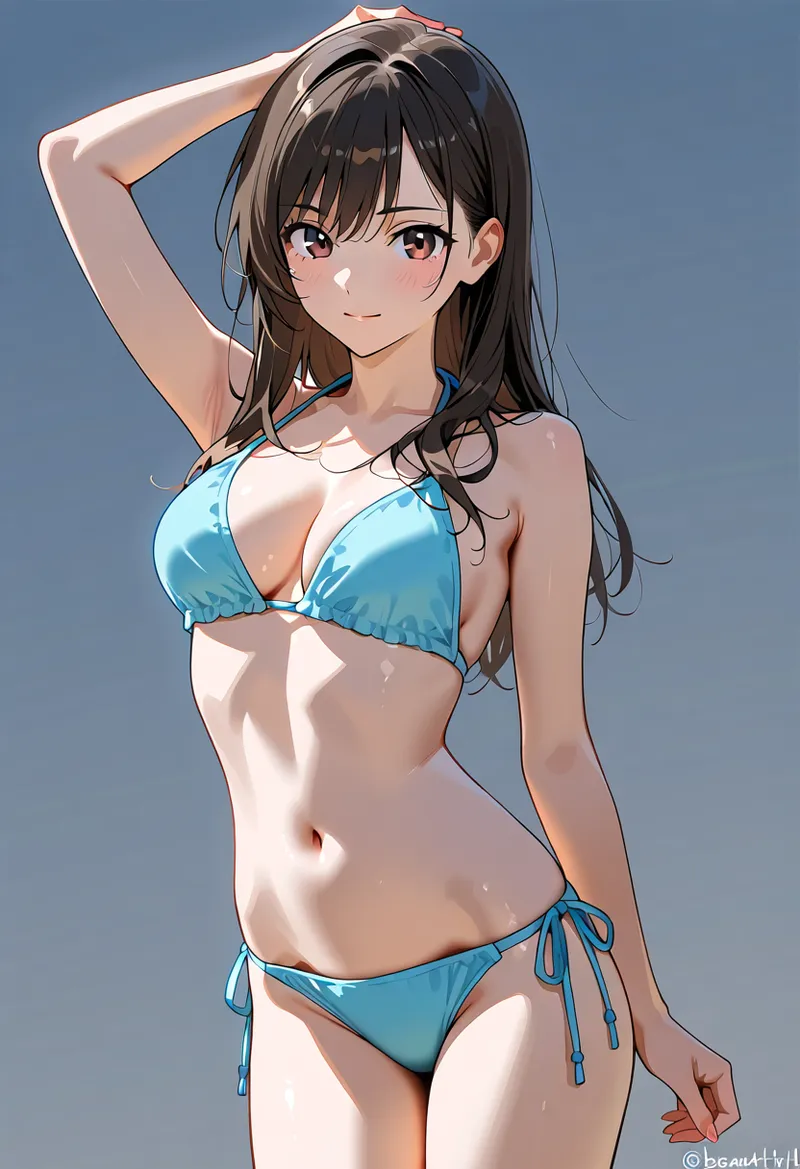 黒い長髪をなびかせ、清涼感のある青いビキニ姿でポーズを取る美少女のイラストです。爽やかな背景と柔らかい陰影で、グラビア的な雰囲気を演出した作品です。