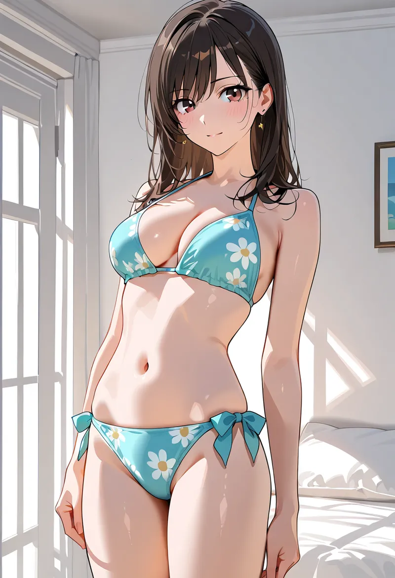 黒髪の美少女が明るい室内で、花柄デザインのビキニを身につけたポートレートイラストです。自然光が差し込む白を基調とした空間で、上品な表情と洗練されたアニメ調の描写が特徴です。