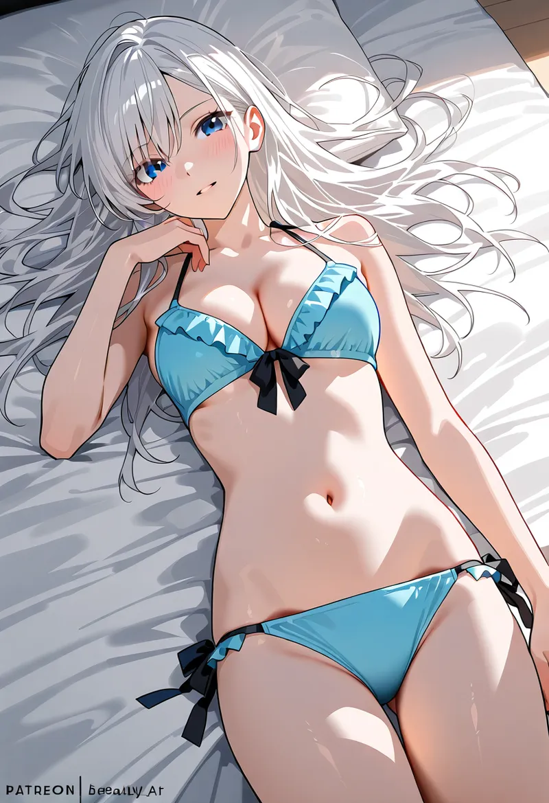 涼やかな青色の水着を身につけた白髪の女性が、柔らかな日光の中でリラックスした表情を浮かべています。流れるような長い髪と明るい瞳が印象的なアニメ調イラストです。