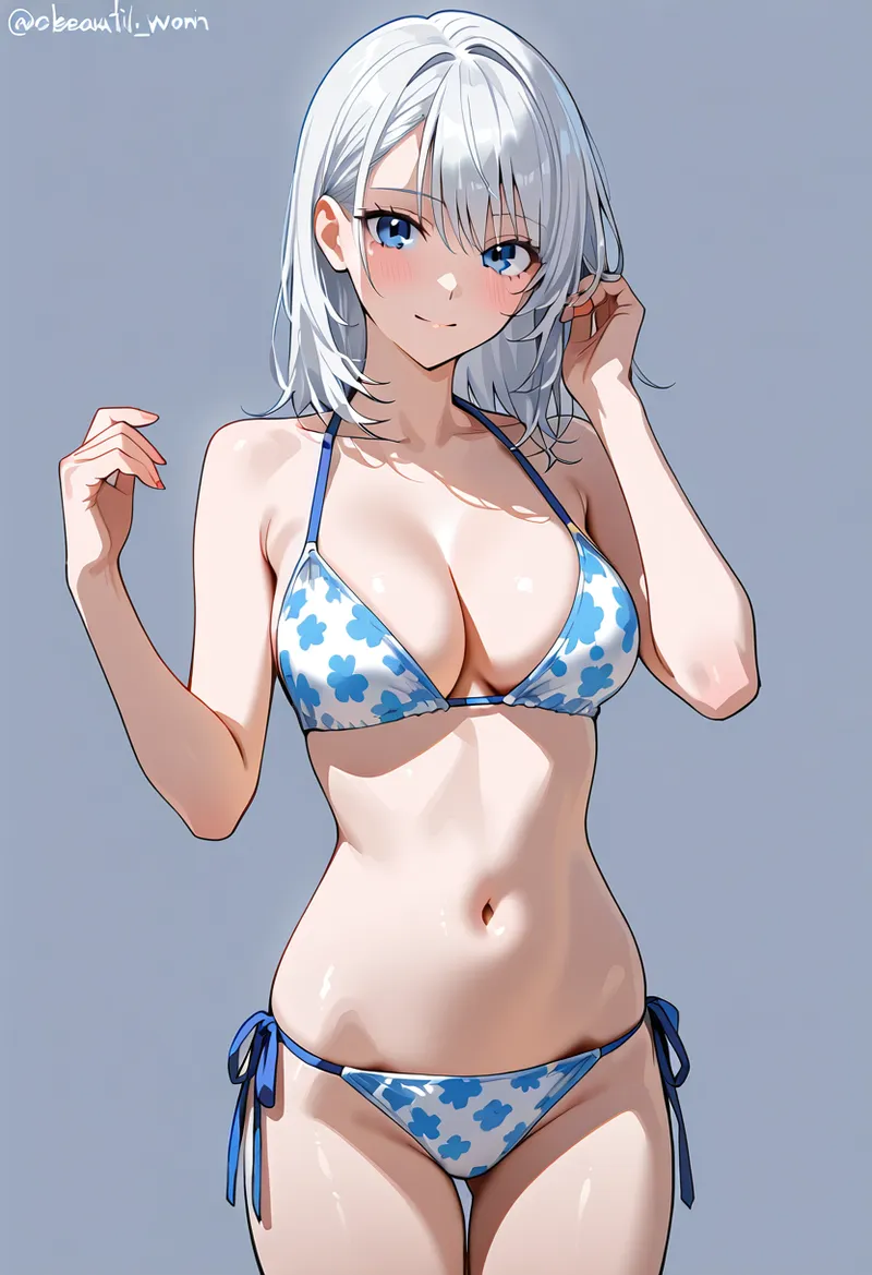 涼やかな白髪にブルーの瞳、花柄の爽やかなビキニを身に着けた美少女のアニメ調イラストです。柔らかい笑顔と自然な仕草で、夏らしい爽快感が表現されています。