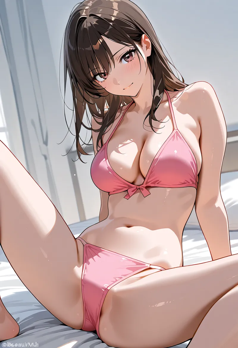 ピンク色のビキニを着た黒髪の美少女が、光溢れる室内で優しい表情を向けるイラスト作品です。明るい陰影表現と滑らかな肌の描写が特徴的な、アニメ調のキャラクターイラストになっています。