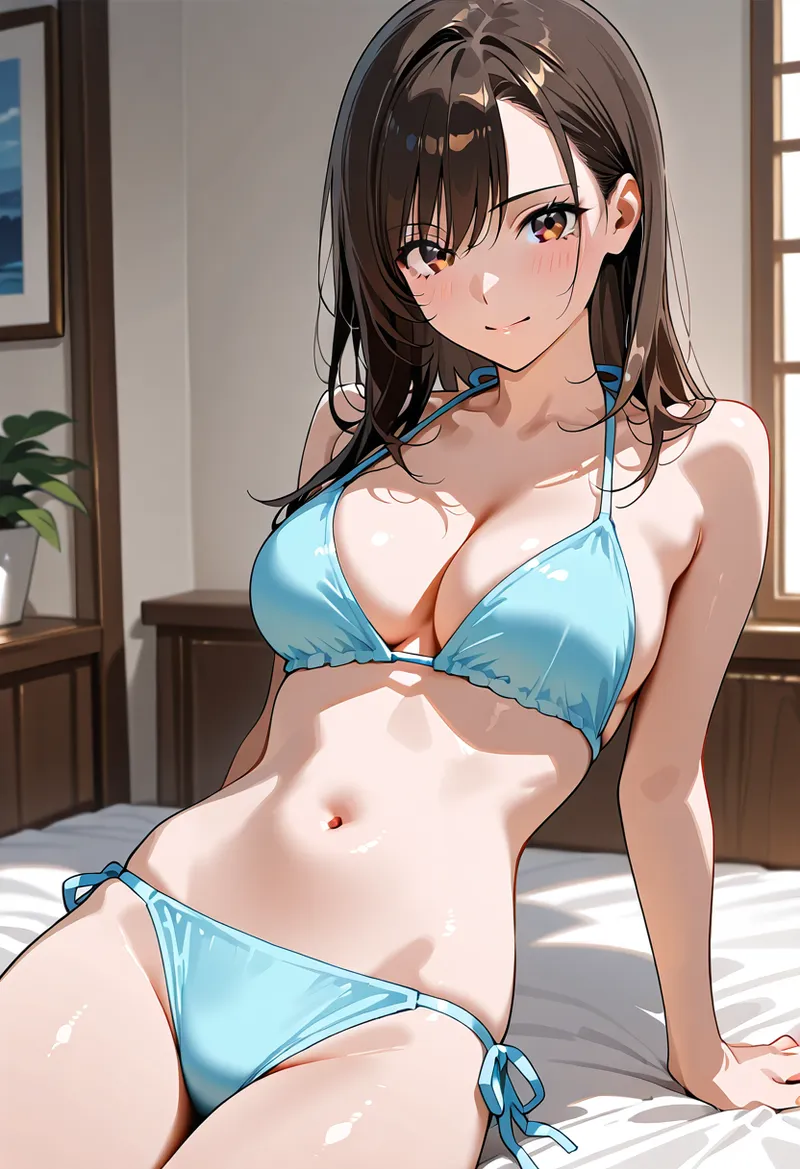 黒髪ショートの美少女がベッドルームで青いビキニを身につけた姿を描いたアニメ調イラストです。柔らかい自然光が差し込む室内で、穏やかな表情と優雅な佇まいが印象的。