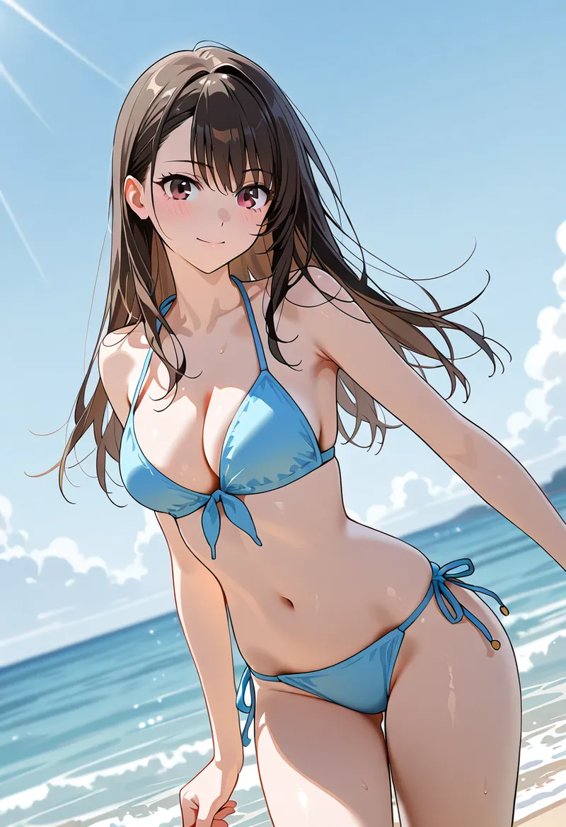 爽やかな青空と海を背景に、長い黒髪をなびかせる美少女が佇むアニメ調ポートレートです。青いビキニ水着を身につけた夏の海辺のシーン。柔らかい陰影と光の表現が印象的です。