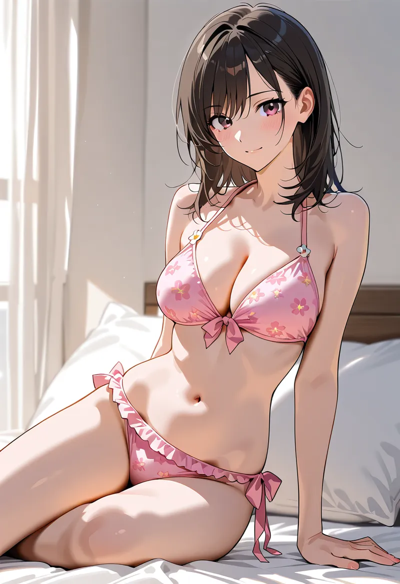 白を基調とした室内で、自然光に包まれた美少女のポートレートです。ピンク花柄のリボン装飾が上品で、柔らかい表情と優雅な構図が特徴的なアニメ調イラストです。