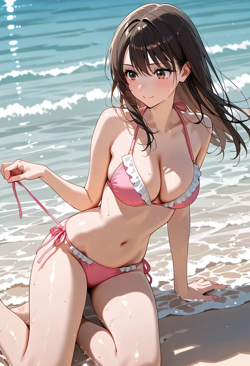 海岸の波打ち際に立つ黒髪の美少女を描いたアニメ調イラストです。ピンク色の水着を身につけ、爽やかな表情で見つめる姿が印象的。光の反射と波しぶきが夏の日中を情緒的に表現しています。