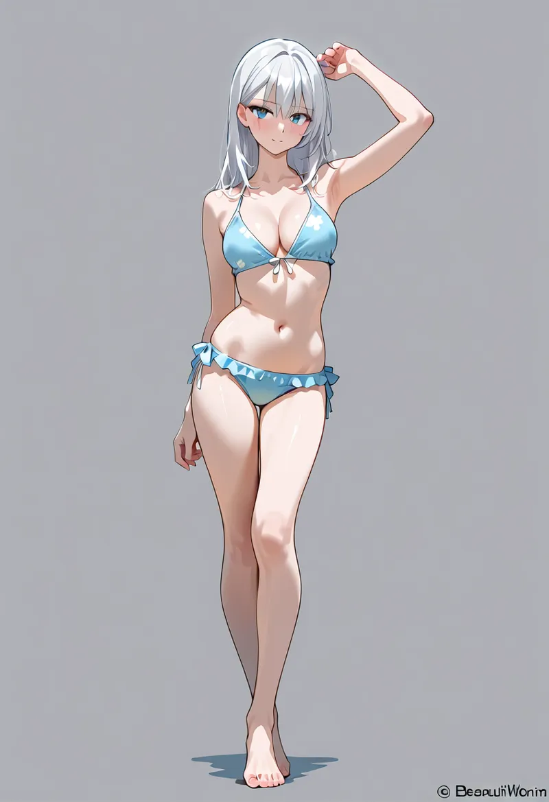 銀髪がしなやかに流れる美少女が、爽やかなブルーの水着で夏の日差しの中に立つアニメ調イラスト。髪を優雅に手でかき上げた仕草と、柔和な表情が魅力的です。
