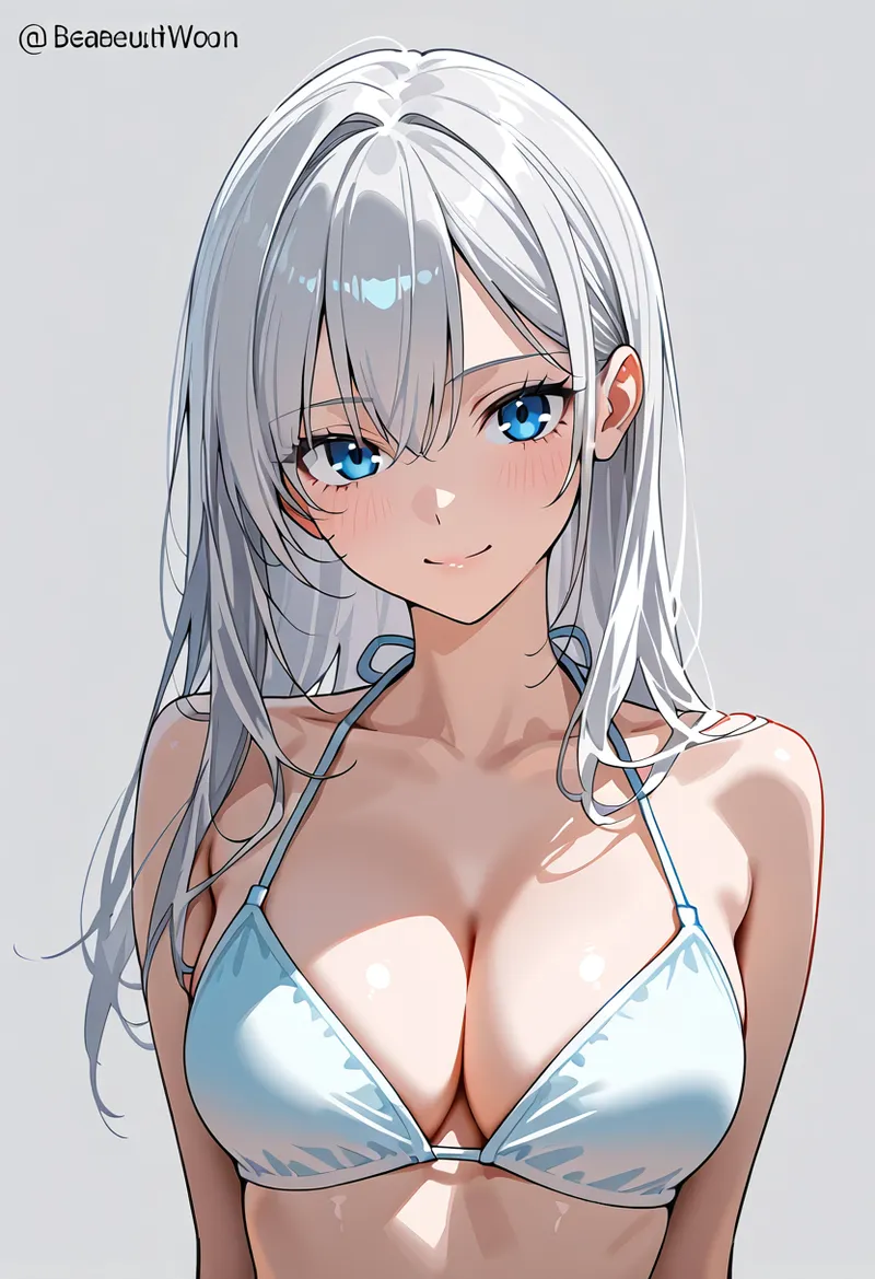 柔らかなグレーの銀髪と透き通るような青い瞳が印象的な、アニメ調のポートレートイラストです。淡色の背景に浮かぶ優雅な表情と、丁寧に描き込まれた髪の流れが特徴的な作品です。