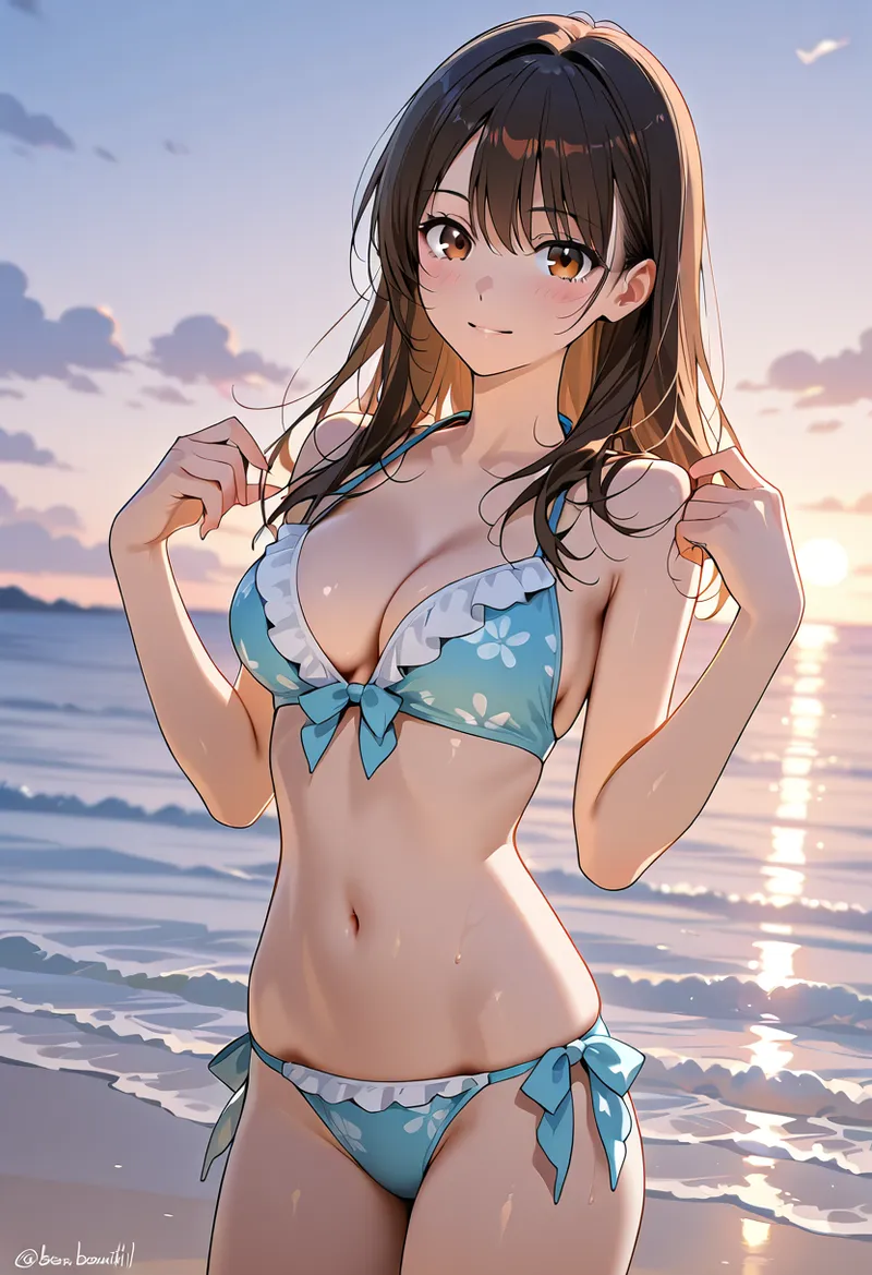 黒髪ロングヘアの少女が夕焼けの海岸で青い花柄の水着姿でポーズを取る。柔らかな夕日に照らされた肌と、波打つ海の情景が印象的なアニメ調イラストです。