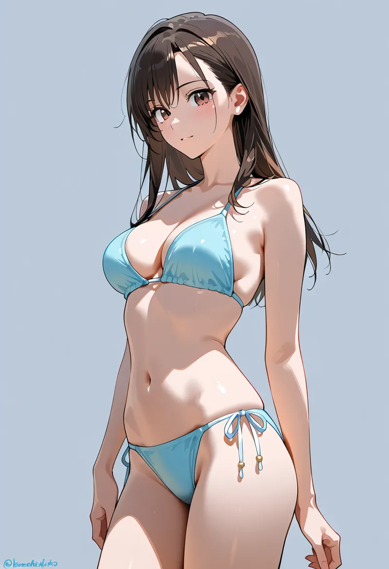 長い黒髪を優雅に流した美少女が、爽やかな水色のビキニ姿で微笑む夏の一枚。透明感のある肌と柔らかな光の当たり具合が印象的なアニメ調イラストです。