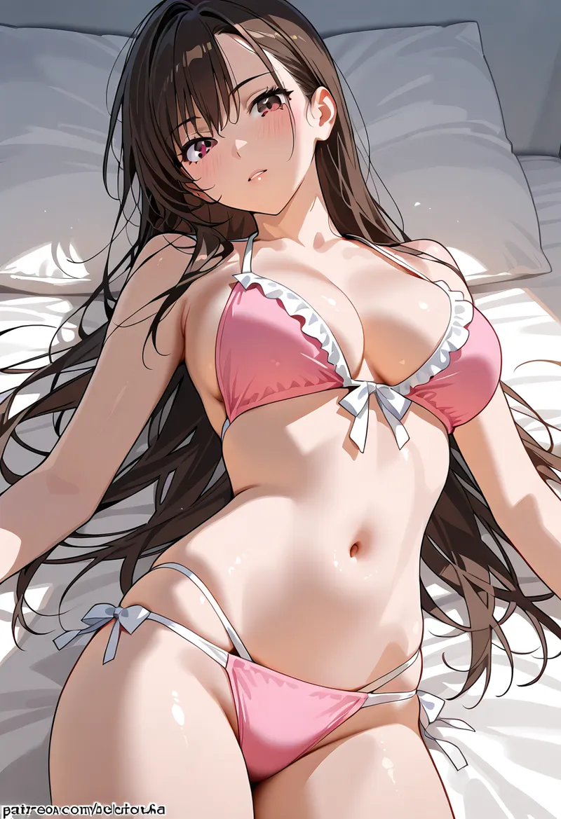 黒髪ロングヘアに紫紅色の瞳が印象的な美少女が、ピンク色の水着を身にまとい、ベッドの上でリラックスした表情でカメラを見つめています。柔らかな光が肌を優しく照らす、アニメ調のグラビアポートレート作品です。