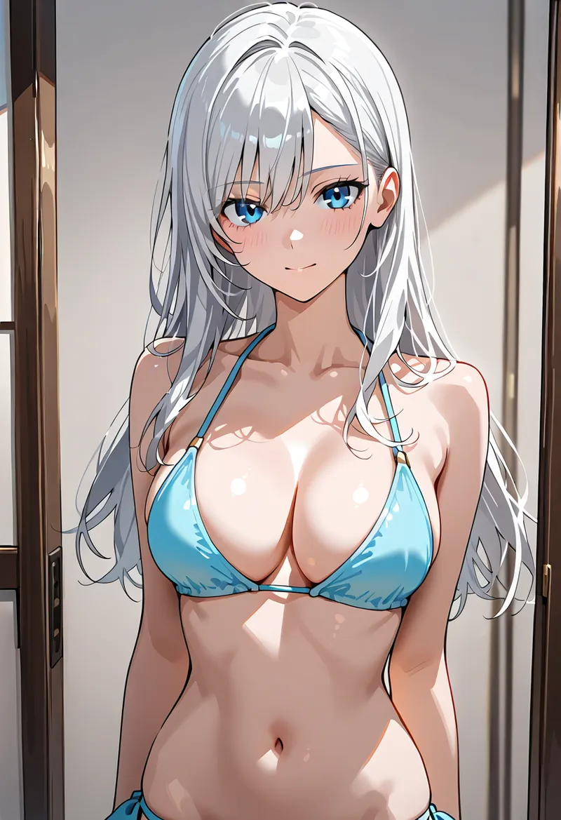 透き通るような青い瞳と流れるような銀髪が印象的な美少女のアニメ調ポートレートです。柔らかい光が差し込む室内で、清涼感あふれる表情が魅力的に描かれています。