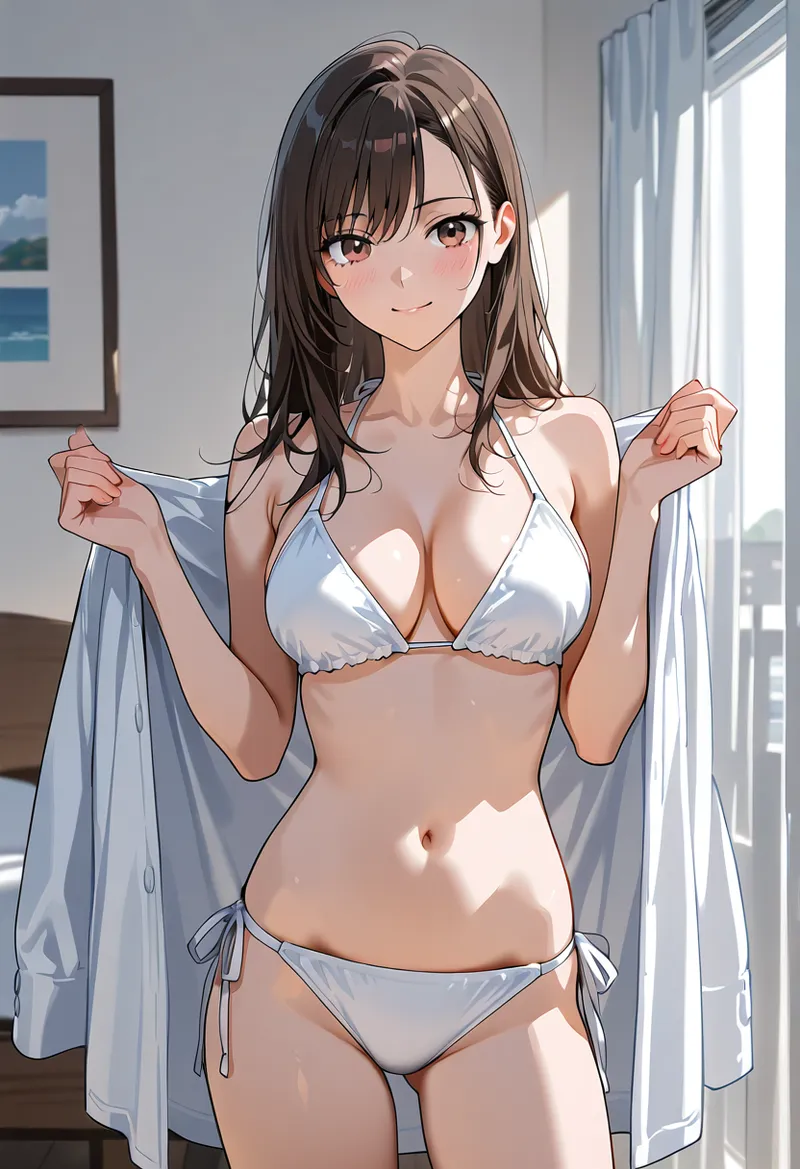 明るい室内で、淡いブルーのシャツを肩にかけたAI生成の美少女イラストです。柔らかな自然光が差し込む窓を背景に、優雅な立ち姿と穏やかな笑顔が印象的なグラビア風ポーズの作品。