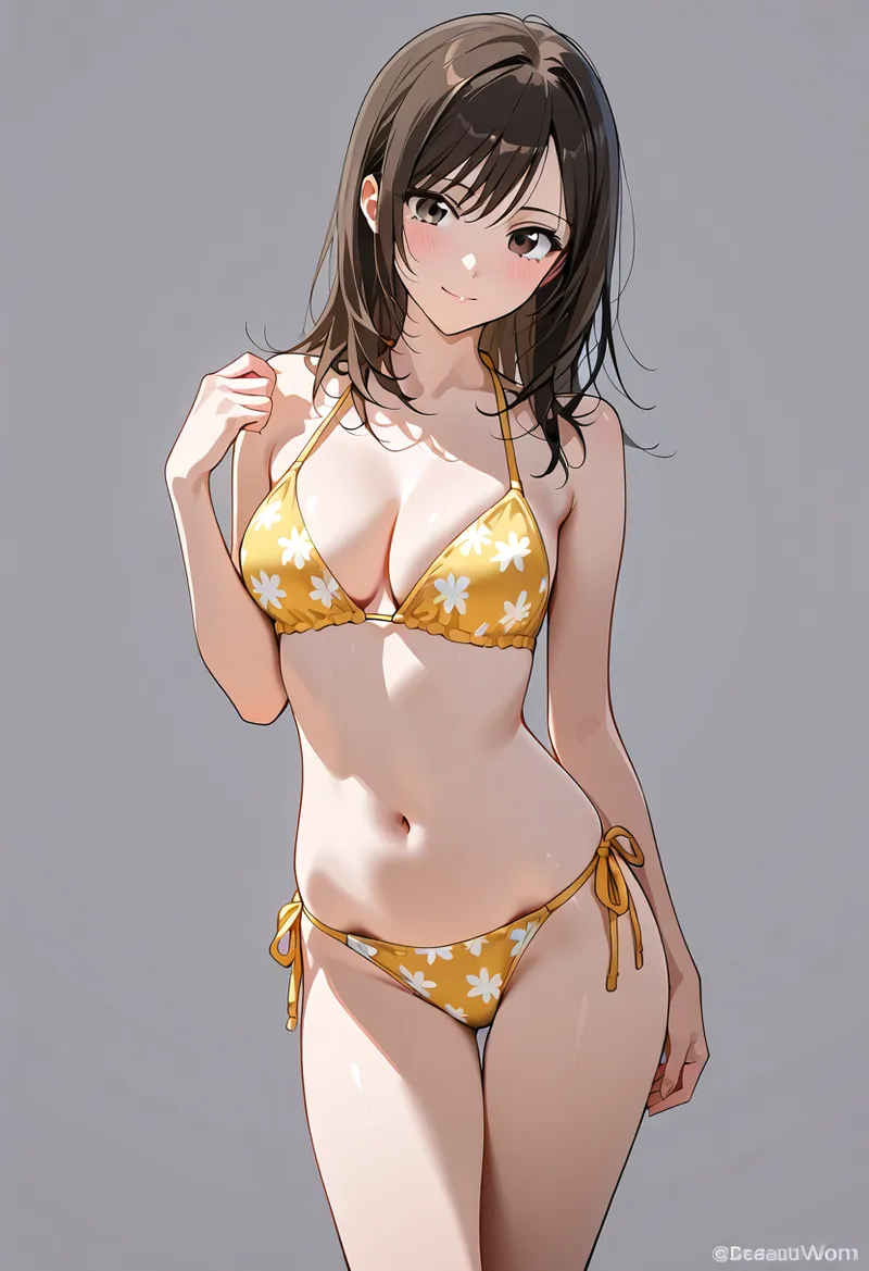 黒髪をなびかせた優しい表情の美少女が、白い花模様が入った黄色いビキニ水着を着たグラビアスタイルのポーズを見せています。柔らかな肌の質感とアニメ調のイラストが特徴的な一枚です。