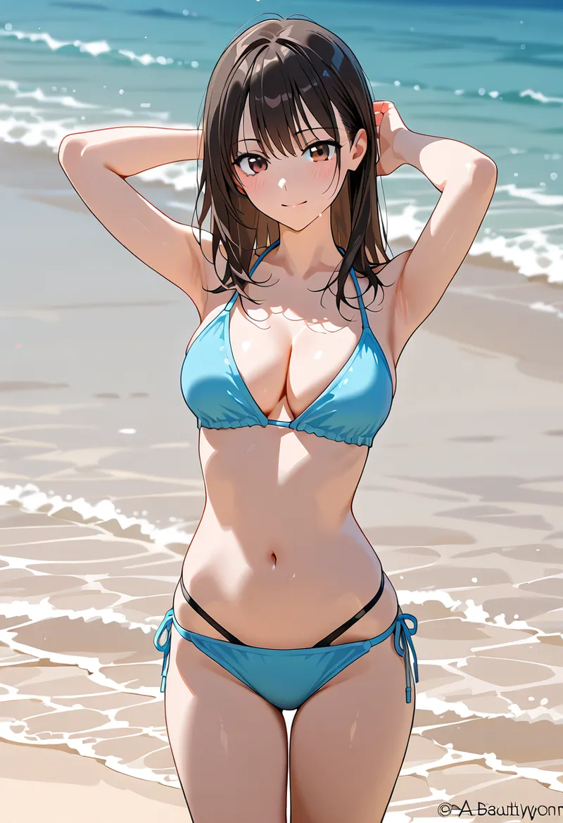 青いビキニを身に着けた女の子がビーチで両手を頭に上げるポーズをとっています。波打つ海を背景に、アニメ調の柔らかいタッチで描かれた涼しげな表情が印象的です。