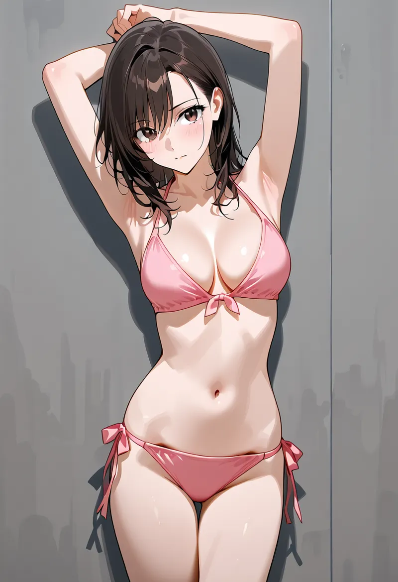 黒髪を優雅に上げたポーズで、ピンク色の装いが映える美少女イラスト。グレーを基調とした背景で、洗練された表情と流れるような髪の毛が特徴的です。